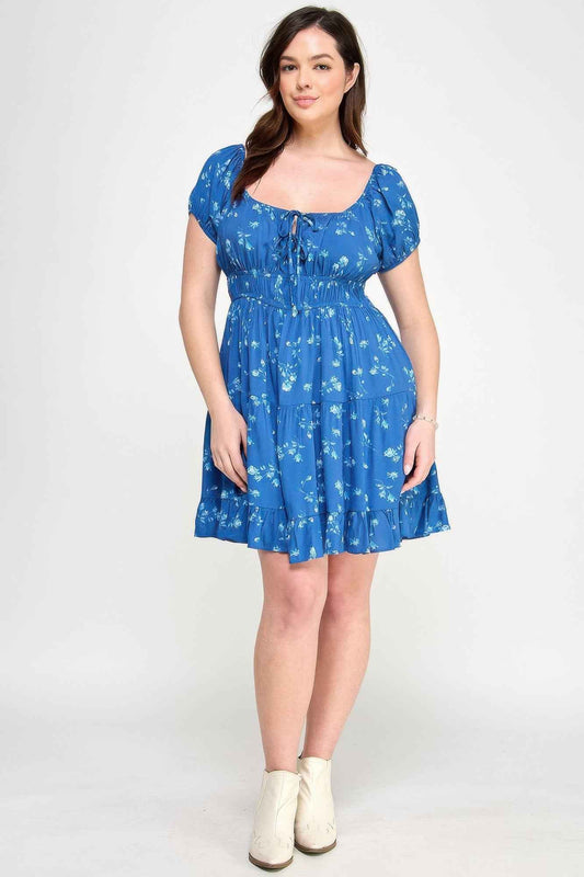Floral Front-tie Elastic Waist Ruffle Dress