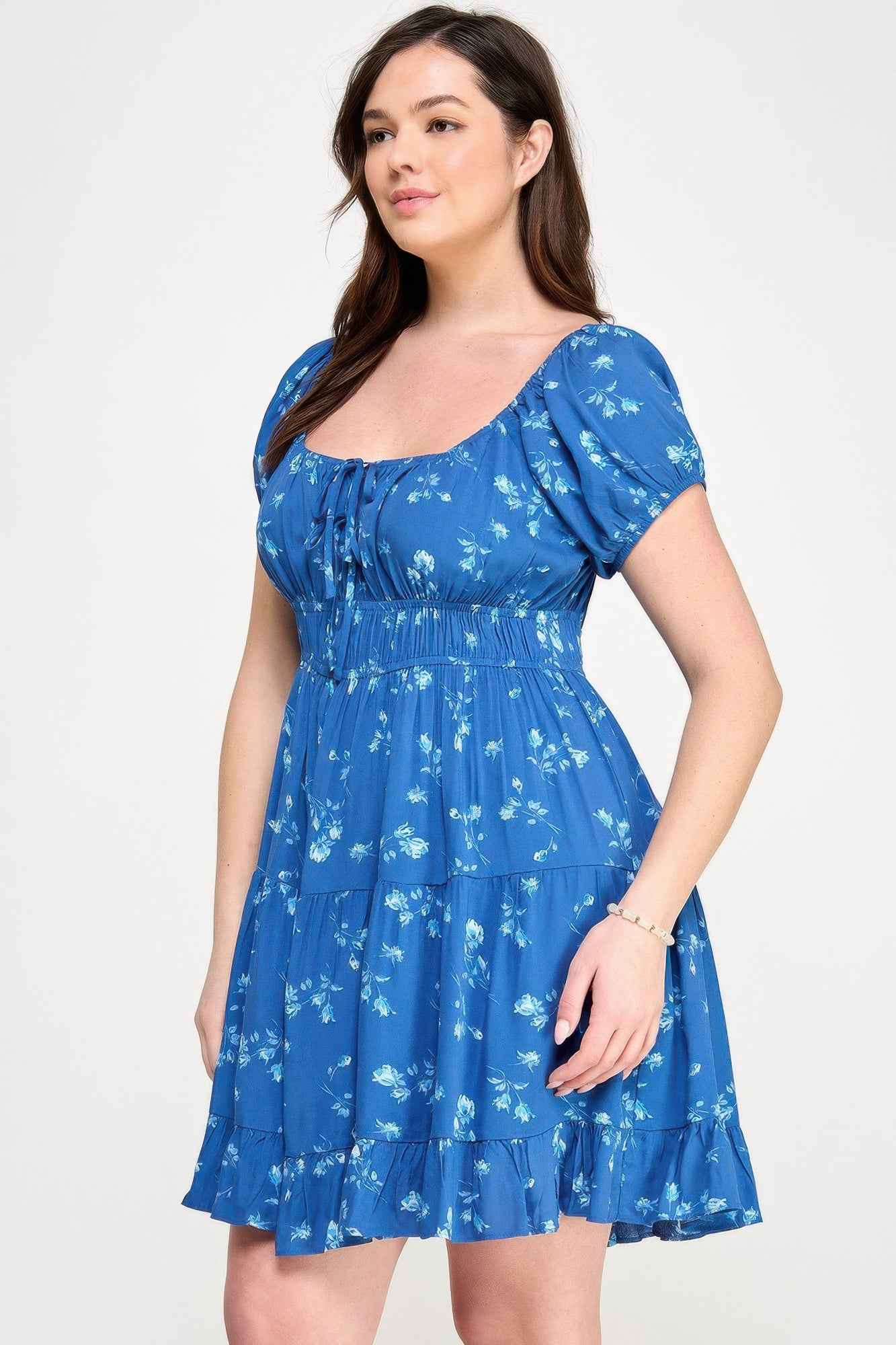 Floral Front-tie Elastic Waist Ruffle Dress