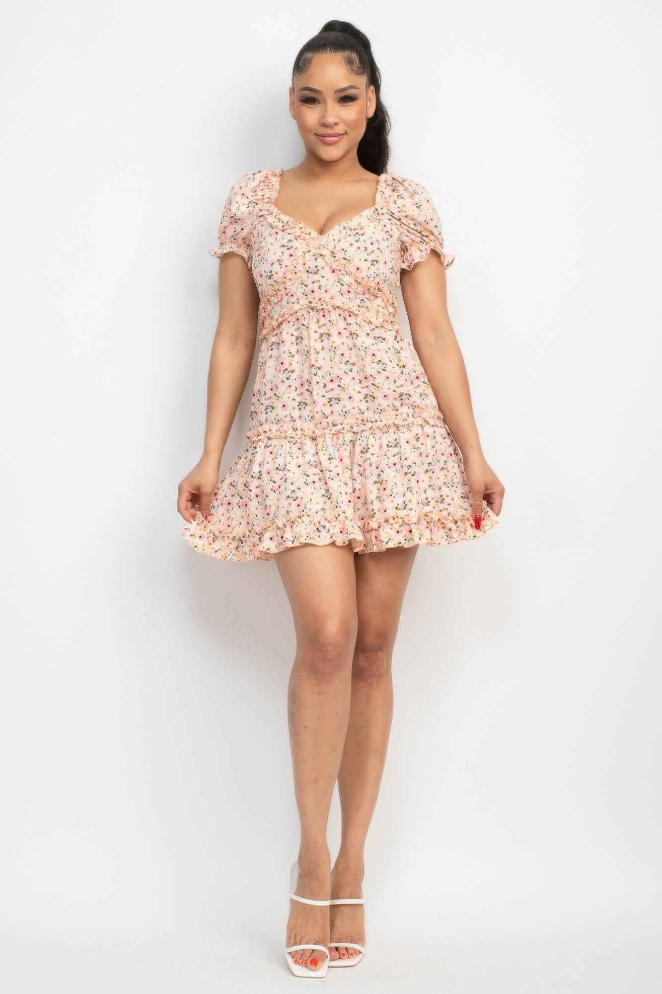 Ruffled Floral Puff Sleeve Dress