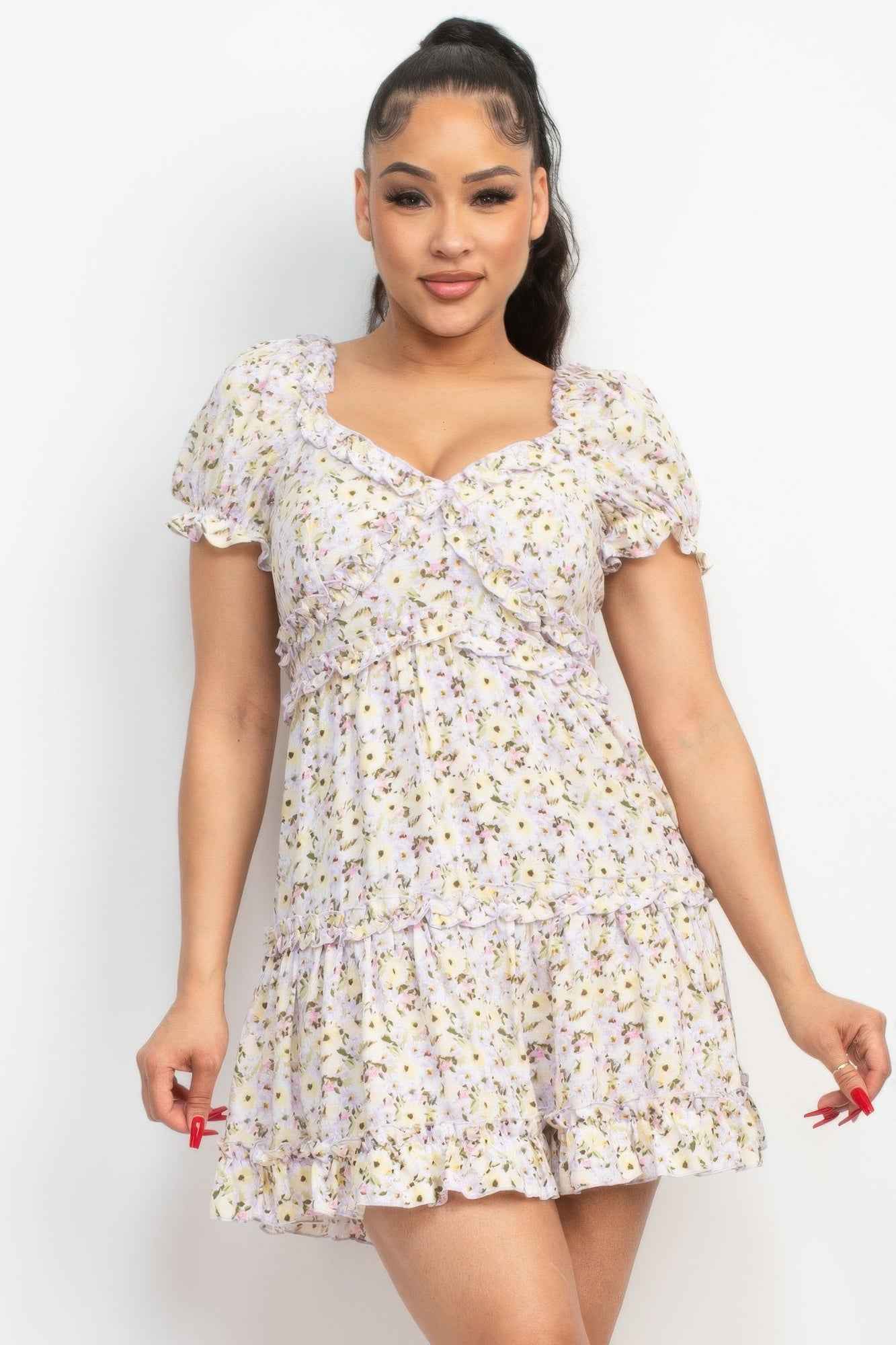 Ruffled Floral Puff Sleeve Dress