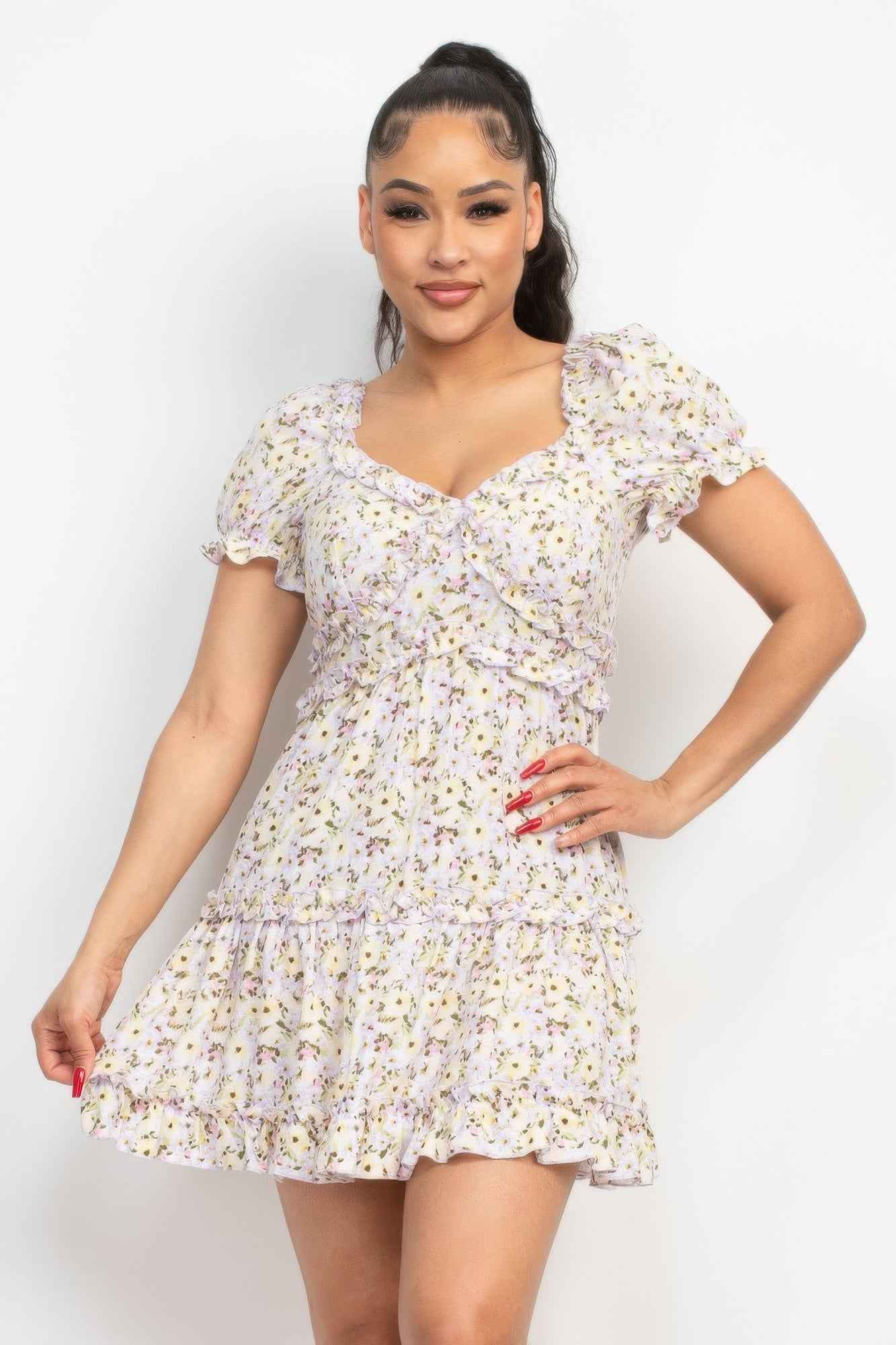 Ruffled Floral Puff Sleeve Dress