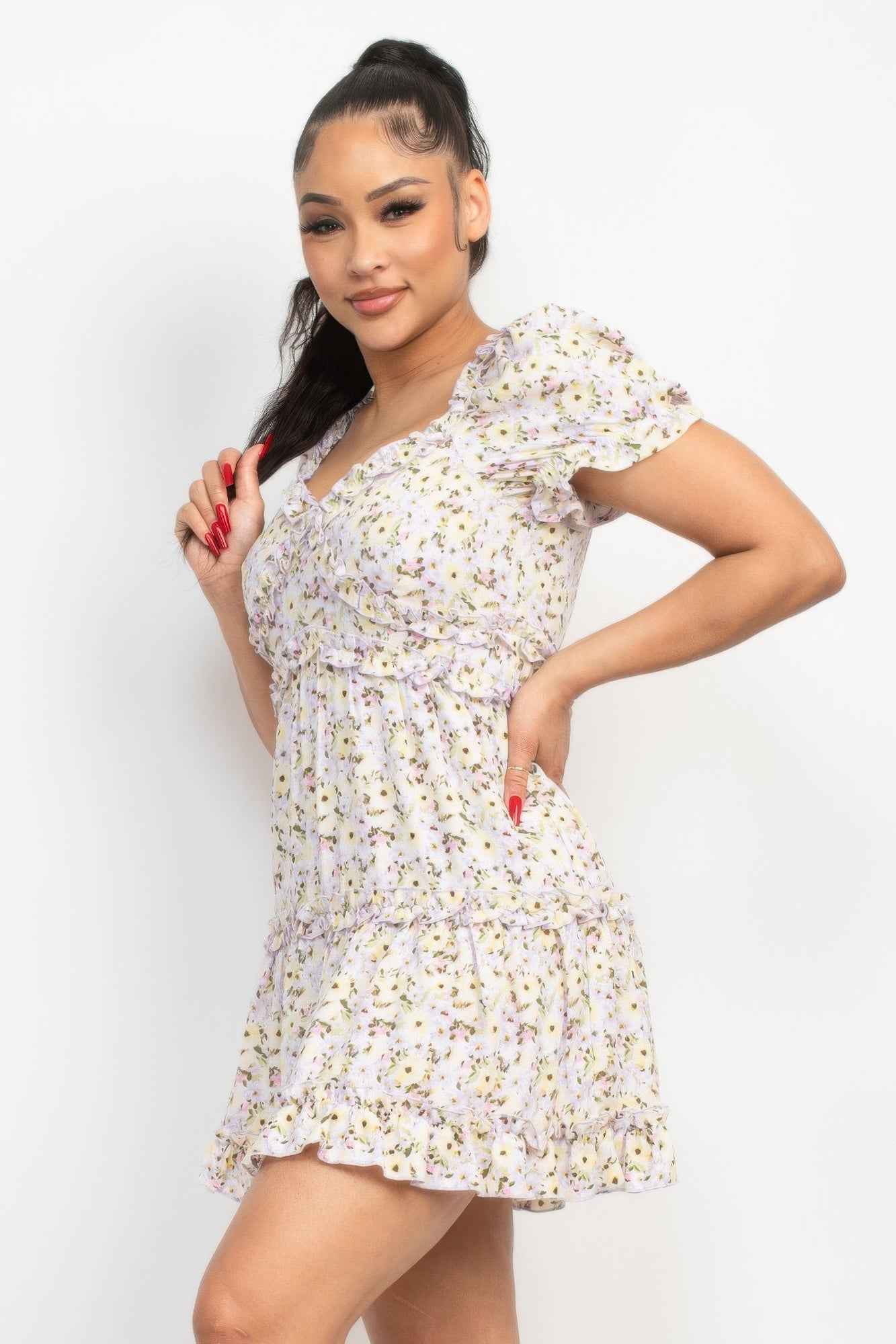 Ruffled Floral Puff Sleeve Dress