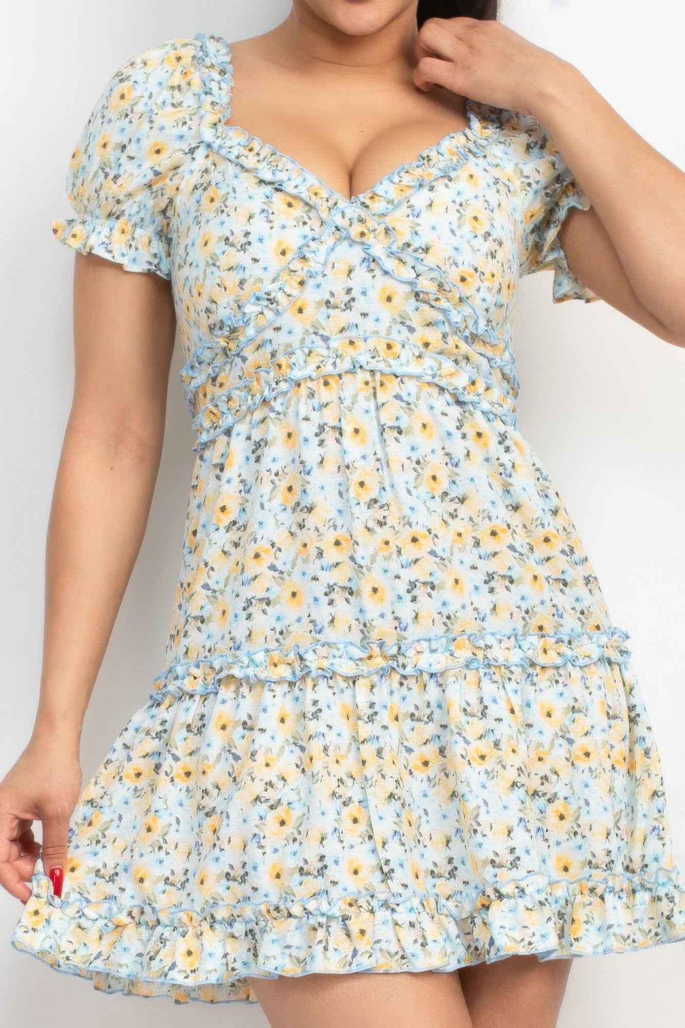 Ruffled Floral Puff Sleeve Dress