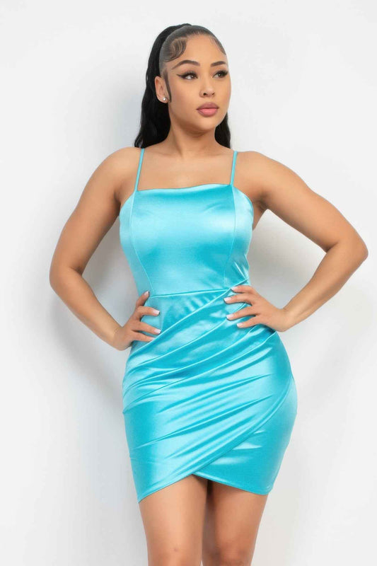Overlapping Hem Shirred Satin Dress
