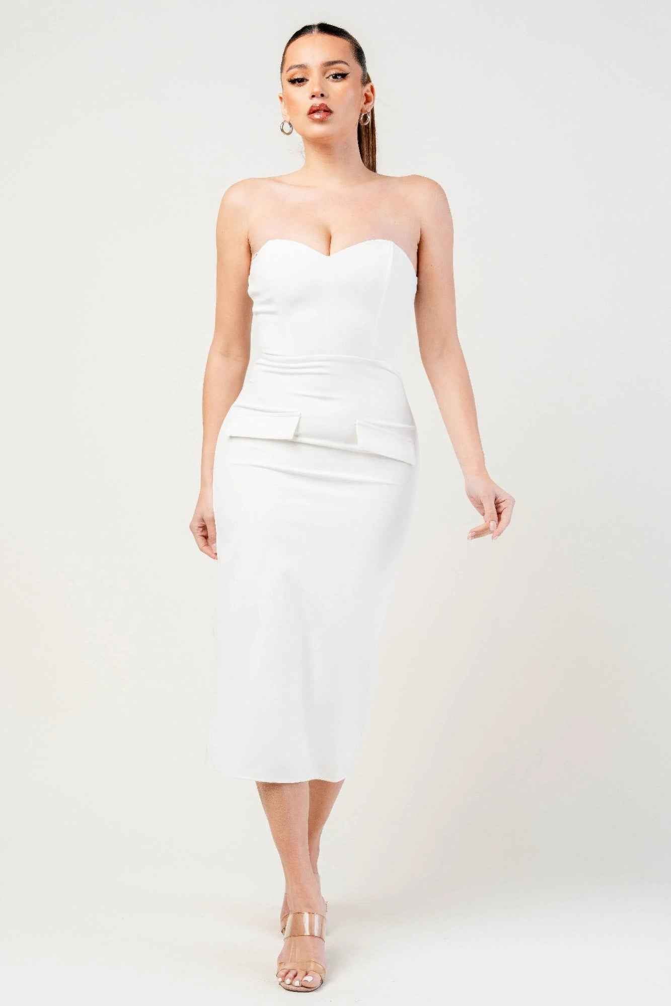 Thick Stretch Woven Sweetheart Neck Tube Midi Dress With Pocket Flap