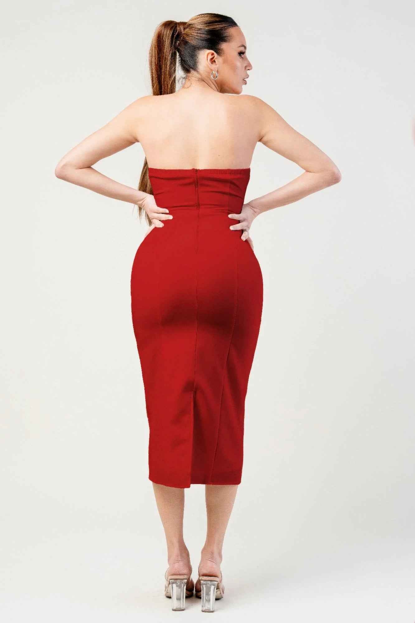 Thick Stretch Woven Sweetheart Neck Tube Midi Dress With Pocket Flap