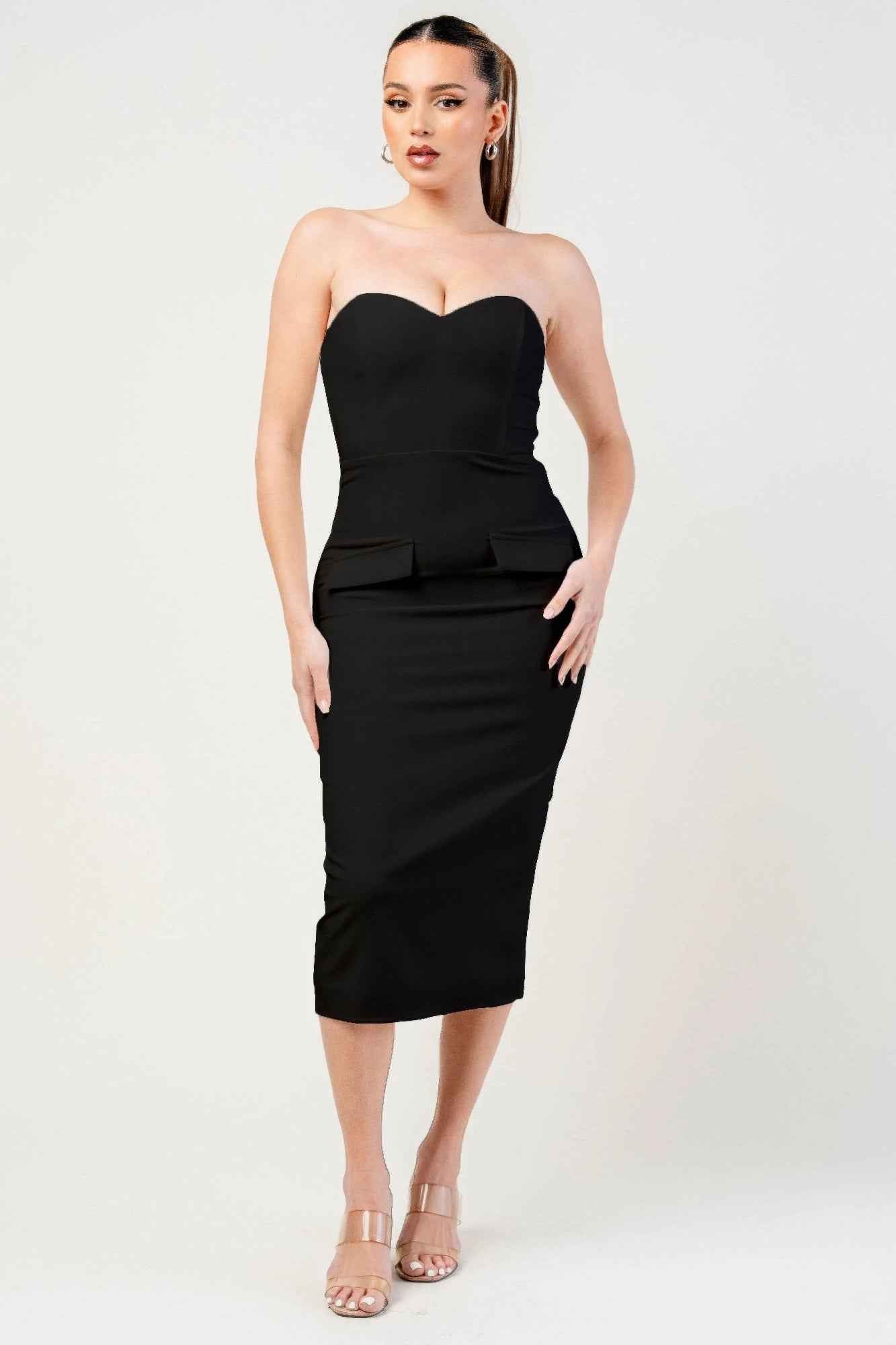 Thick Stretch Woven Sweetheart Neck Tube Midi Dress With Pocket Flap