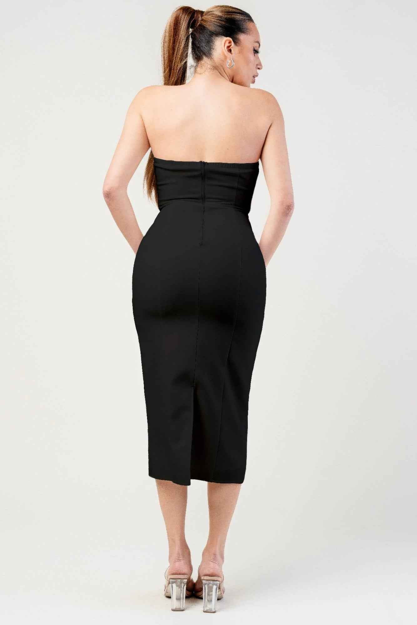Thick Stretch Woven Sweetheart Neck Tube Midi Dress With Pocket Flap