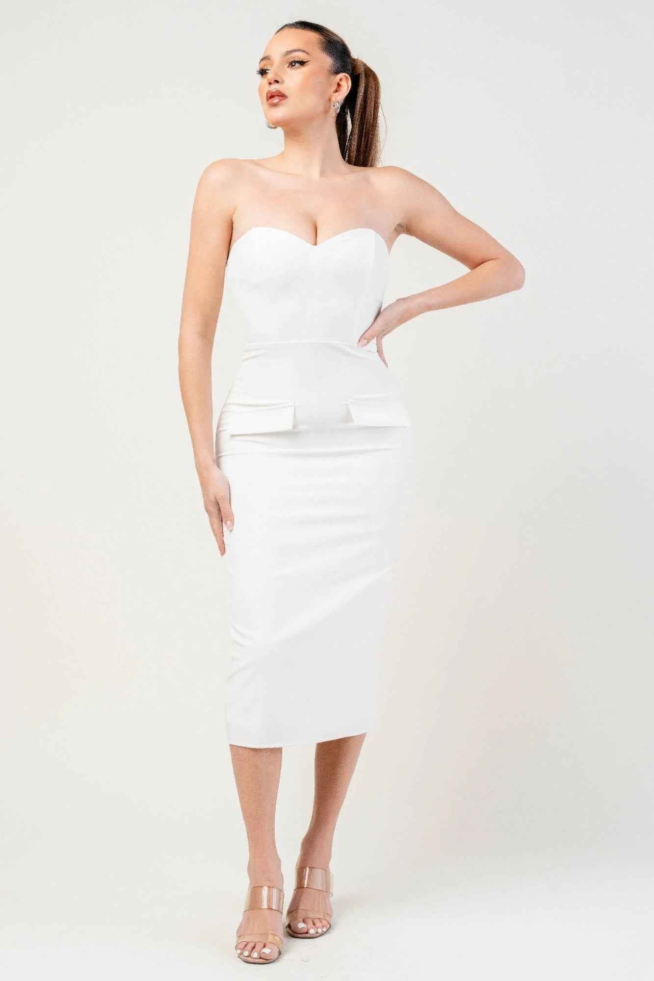 Thick Stretch Woven Sweetheart Neck Tube Midi Dress With Pocket Flap