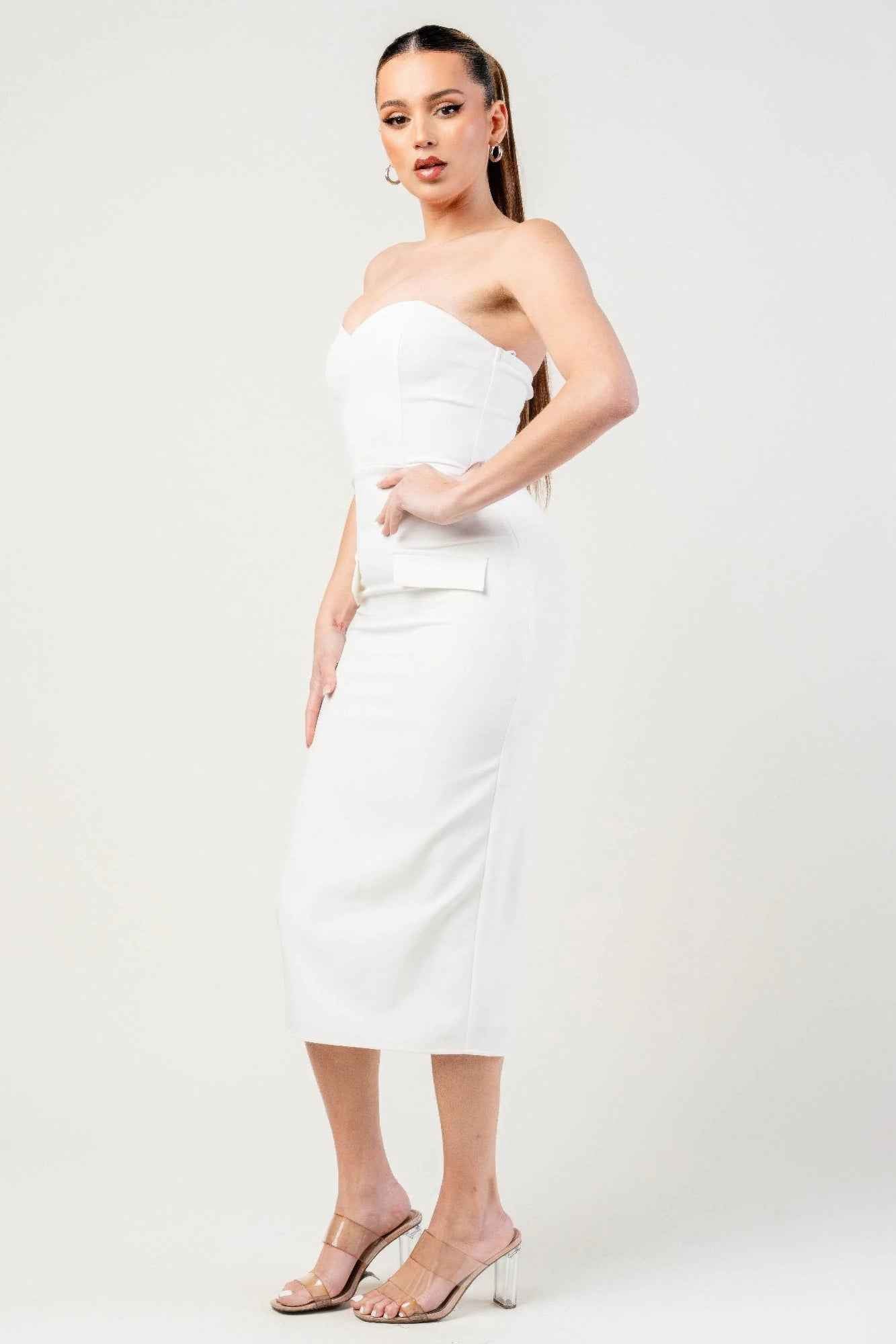 Thick Stretch Woven Sweetheart Neck Tube Midi Dress With Pocket Flap