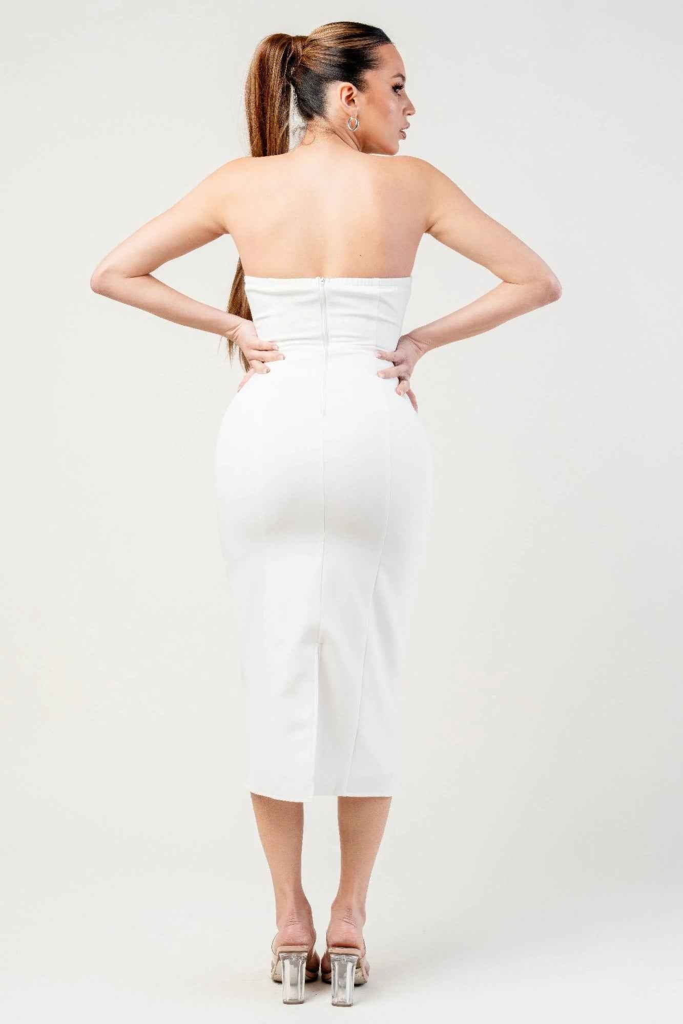 Thick Stretch Woven Sweetheart Neck Tube Midi Dress With Pocket Flap