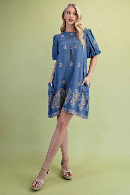 Paisley Embroidered Round Neck Mini Dress With Short Puff Sleeves