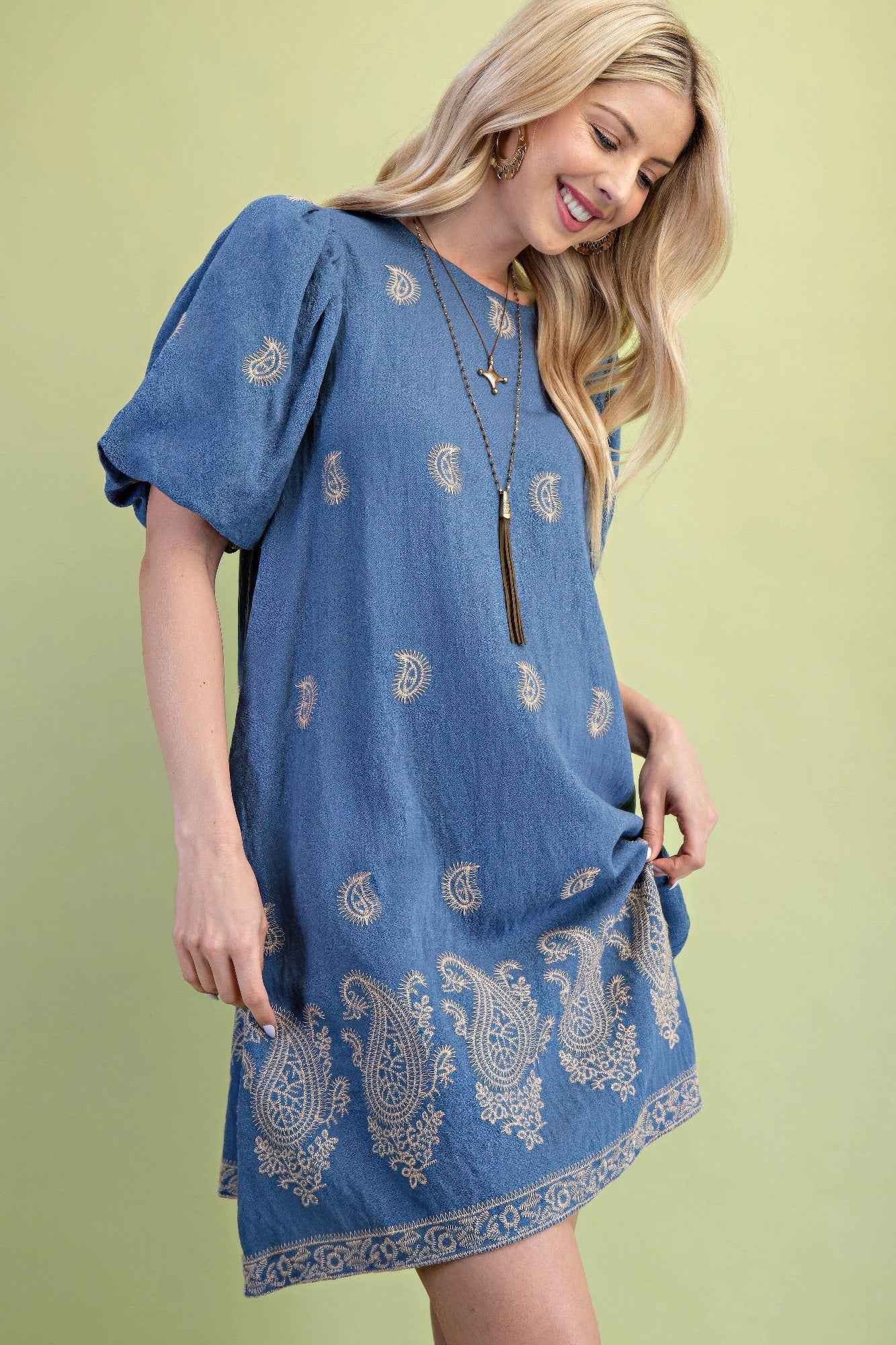 Paisley Embroidered Round Neck Mini Dress With Short Puff Sleeves