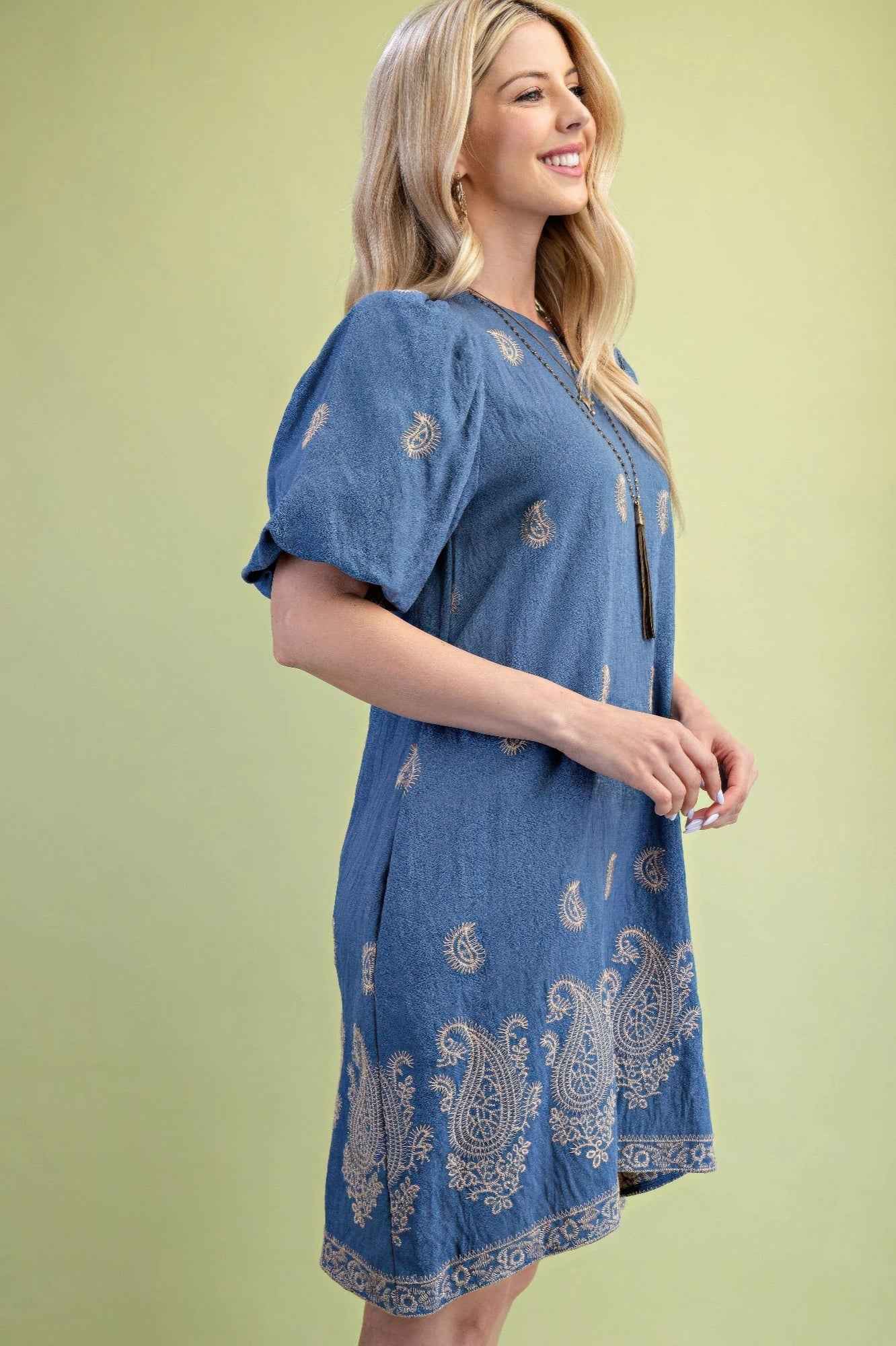 Paisley Embroidered Round Neck Mini Dress With Short Puff Sleeves