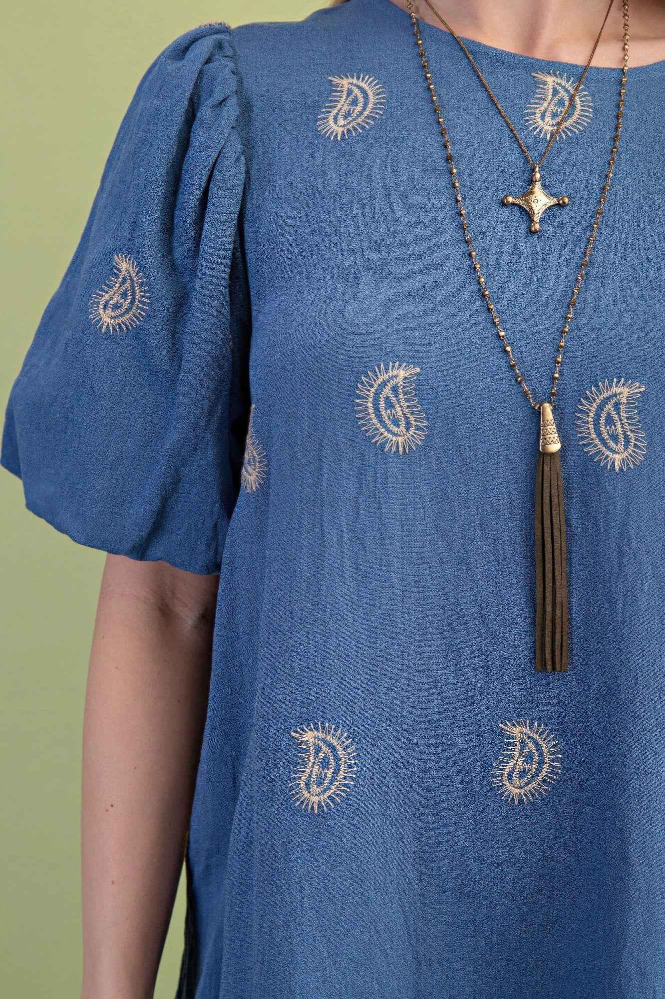 Paisley Embroidered Round Neck Mini Dress With Short Puff Sleeves