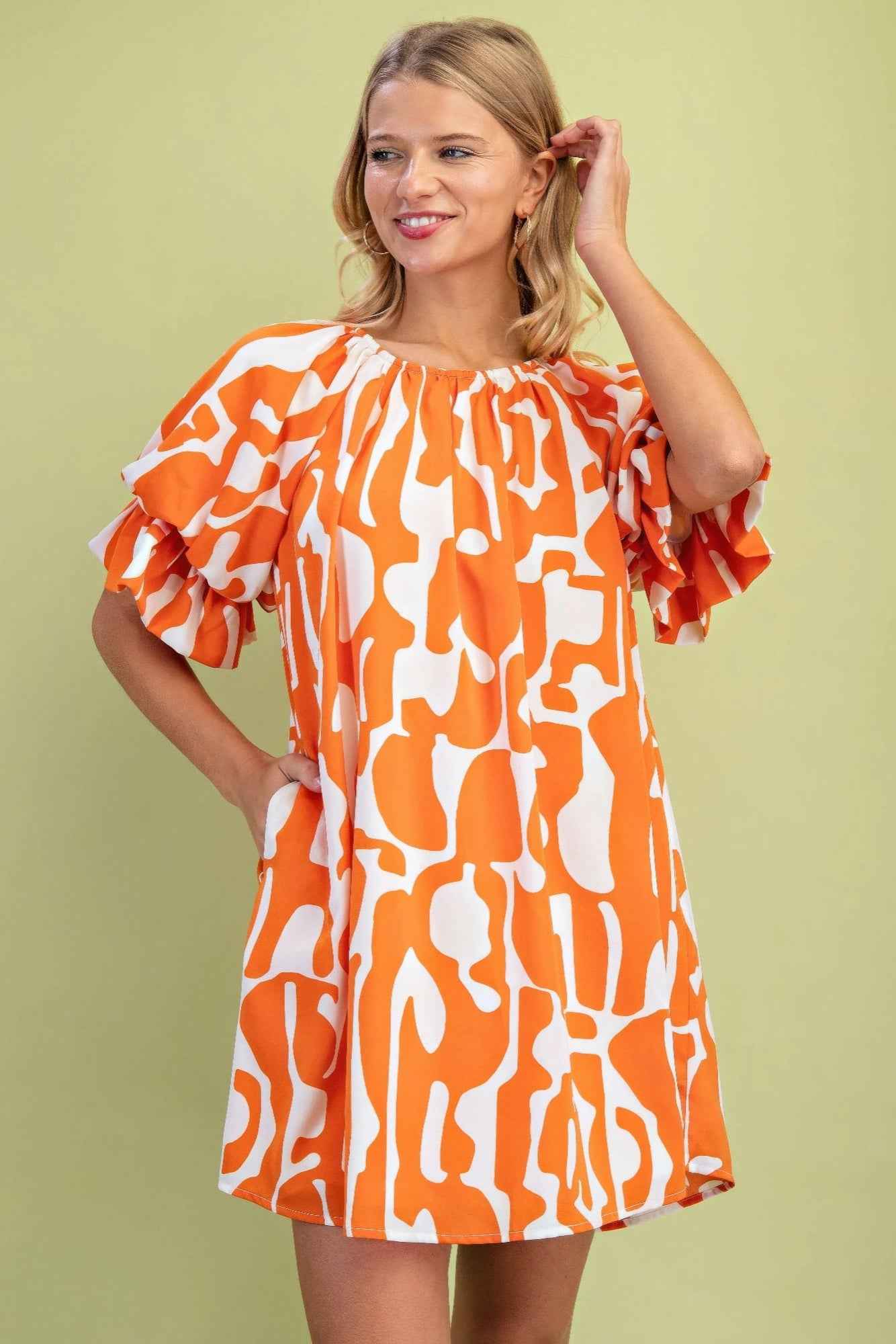 Geometric Print Loose Fit Mini Dress With Gathered Balloon Sleeves