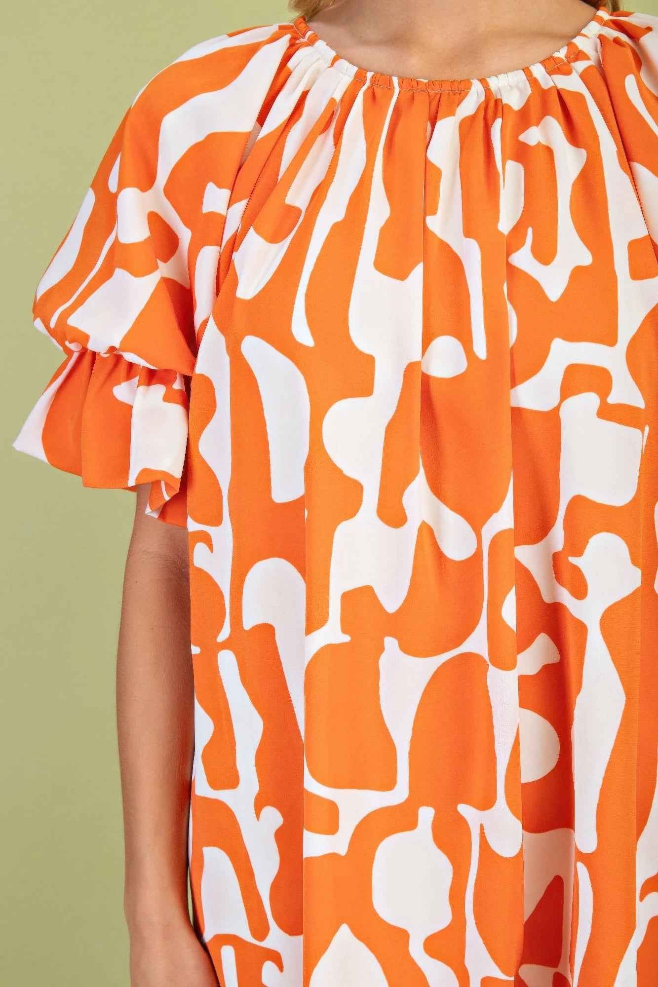 Geometric Print Loose Fit Mini Dress With Gathered Balloon Sleeves