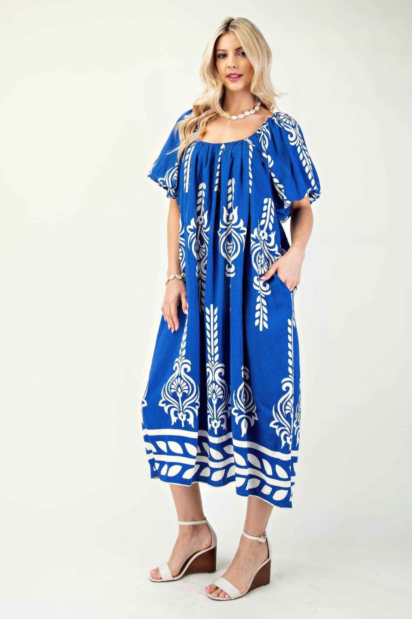 Printed Midi Dress With Short Puff Sleeves