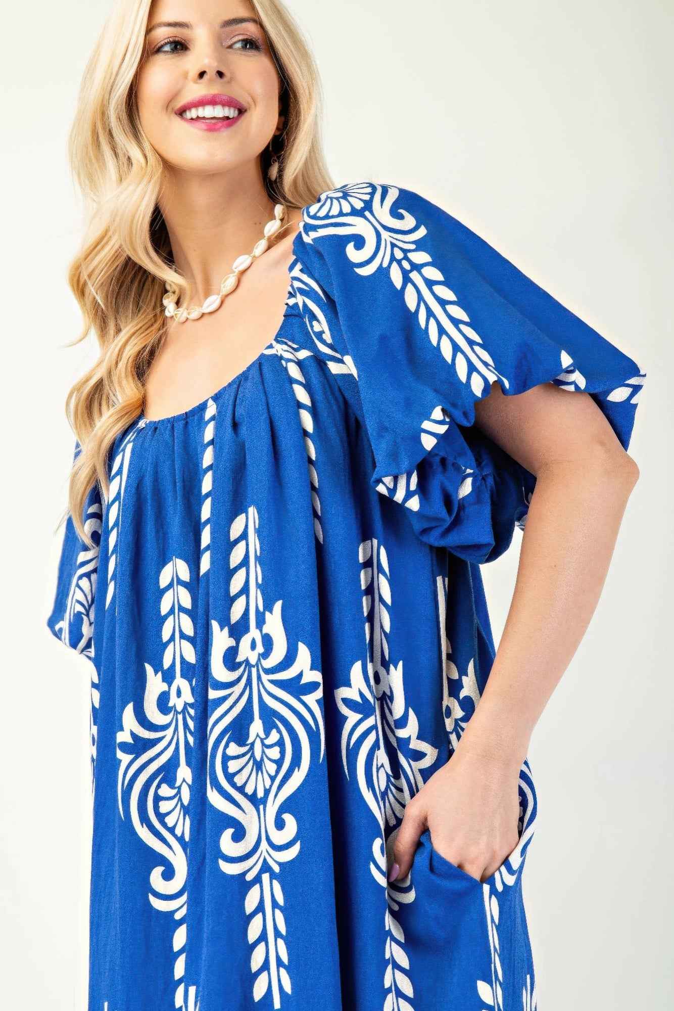 Printed Midi Dress With Short Puff Sleeves