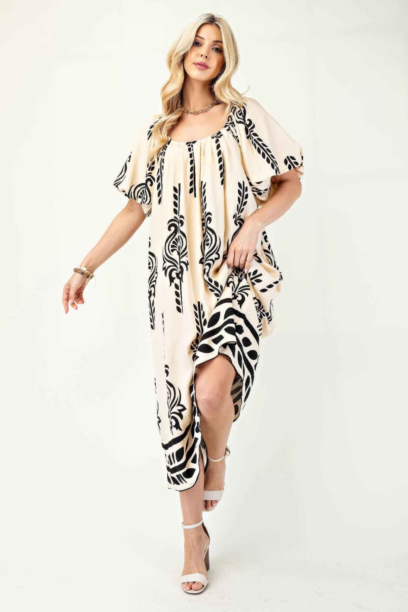 Printed Midi Dress With Short Puff Sleeves