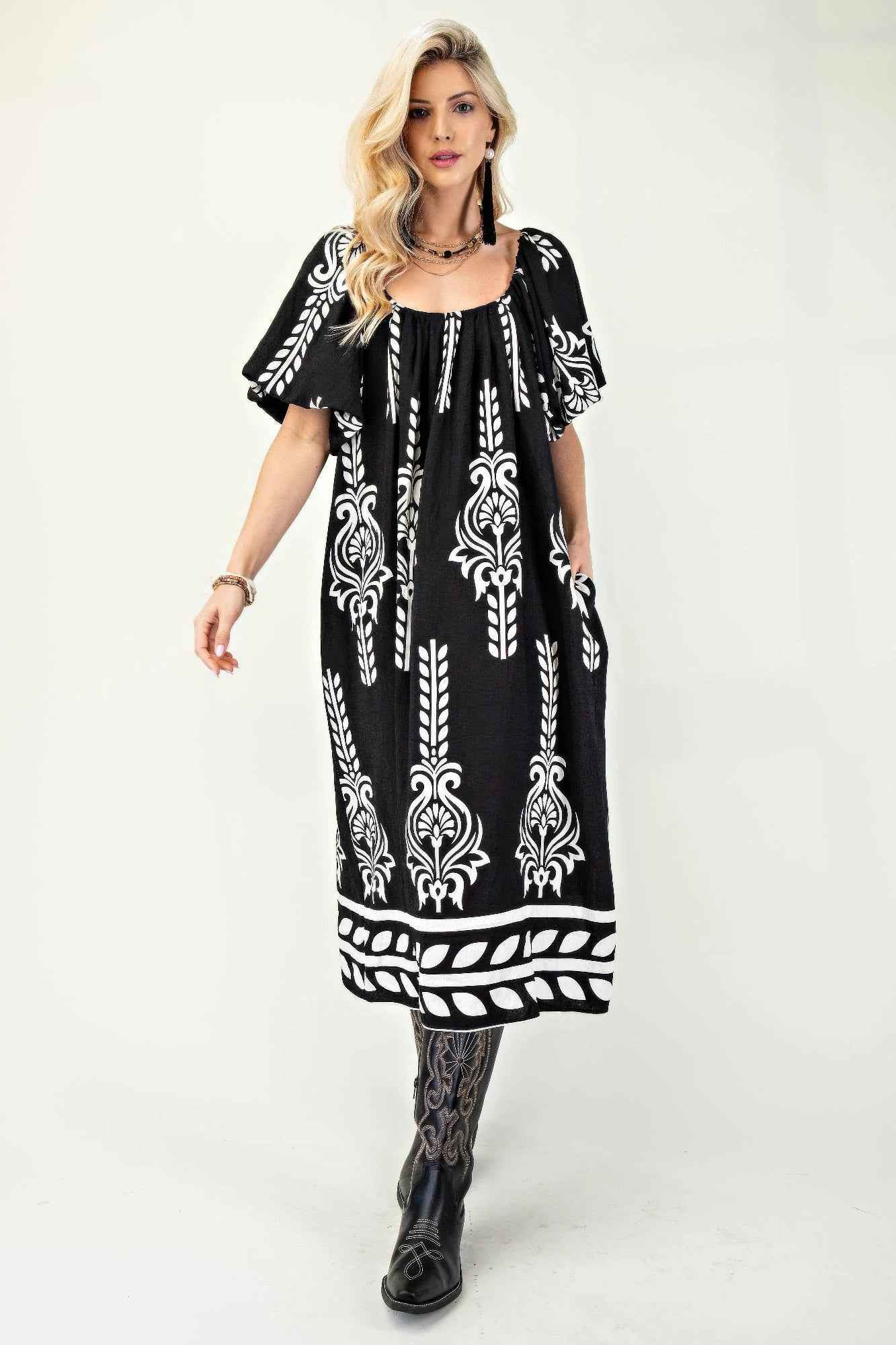 Printed Midi Dress With Short Puff Sleeves