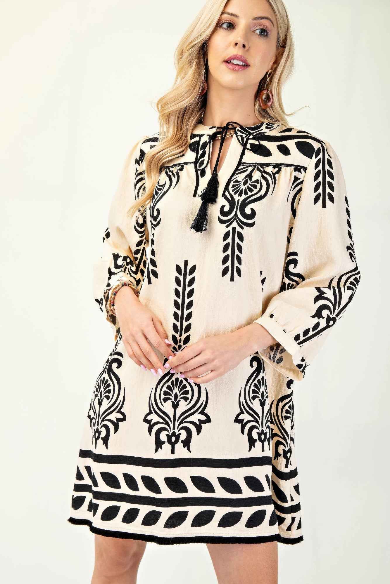 Printed 3/4 Sleeve Dress With Tassel Tie And Fringe Detail On Hem