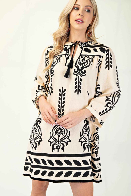 Printed 3/4 Sleeve Dress With Tassel Tie And Fringe Detail On Hem