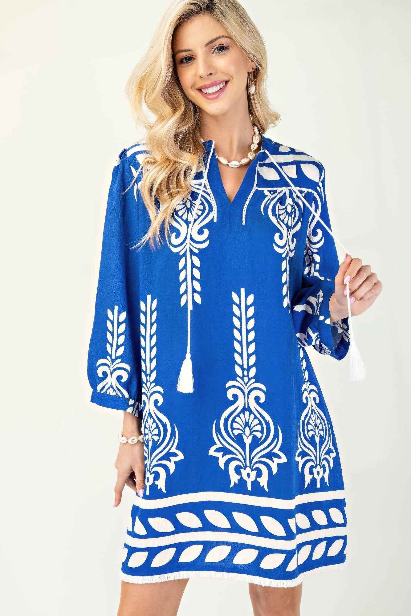 Printed 3/4 Sleeve Dress With Tassel Tie And Fringe Detail On Hem