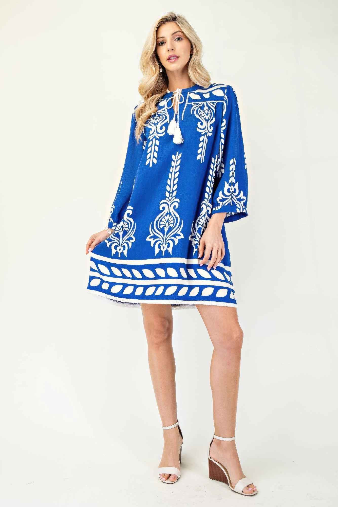 Printed 3/4 Sleeve Dress With Tassel Tie And Fringe Detail On Hem
