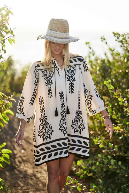 Printed 3/4 Sleeve Dress With Tassel Tie And Fringe Detail On Hem