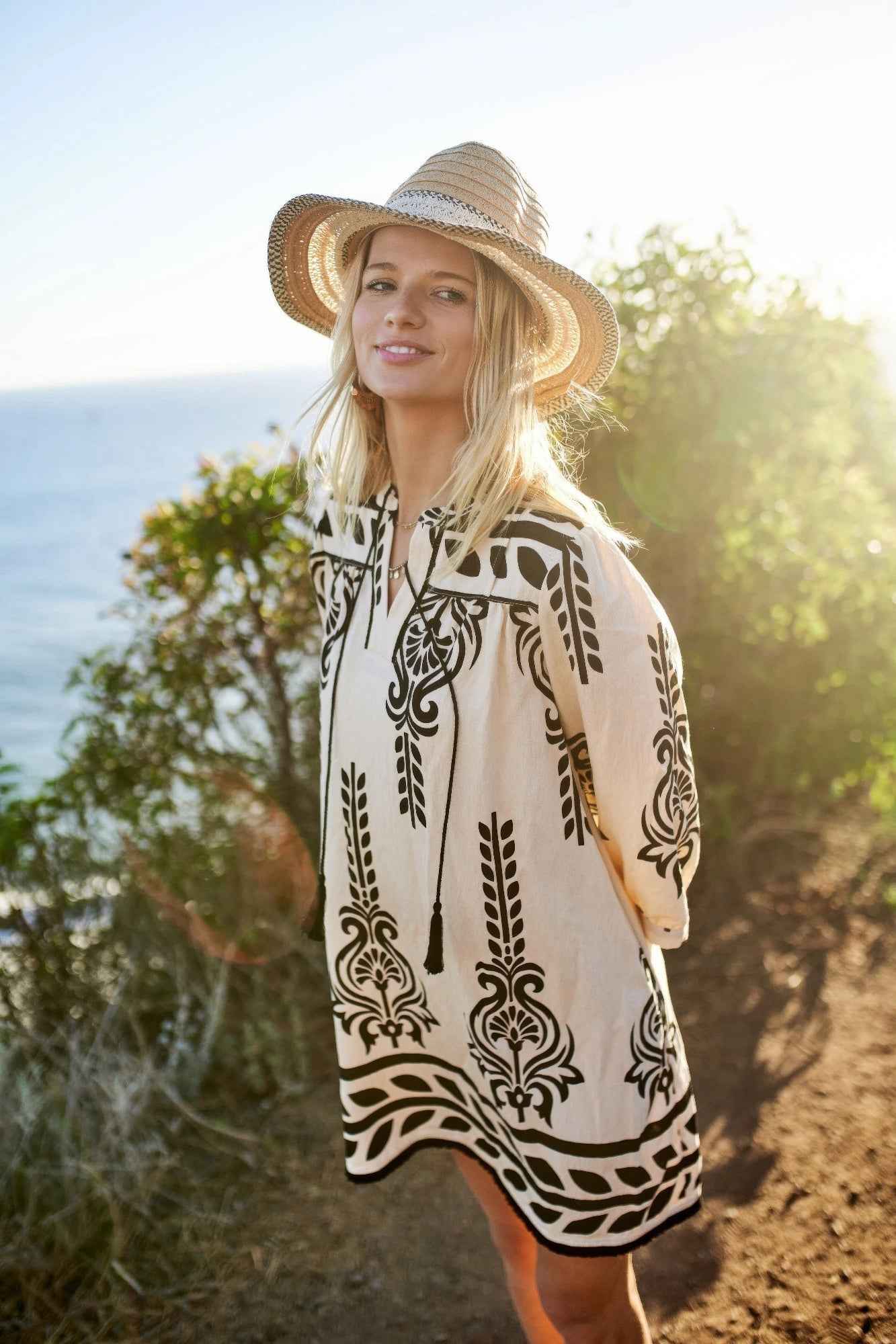 Printed 3/4 Sleeve Dress With Tassel Tie And Fringe Detail On Hem