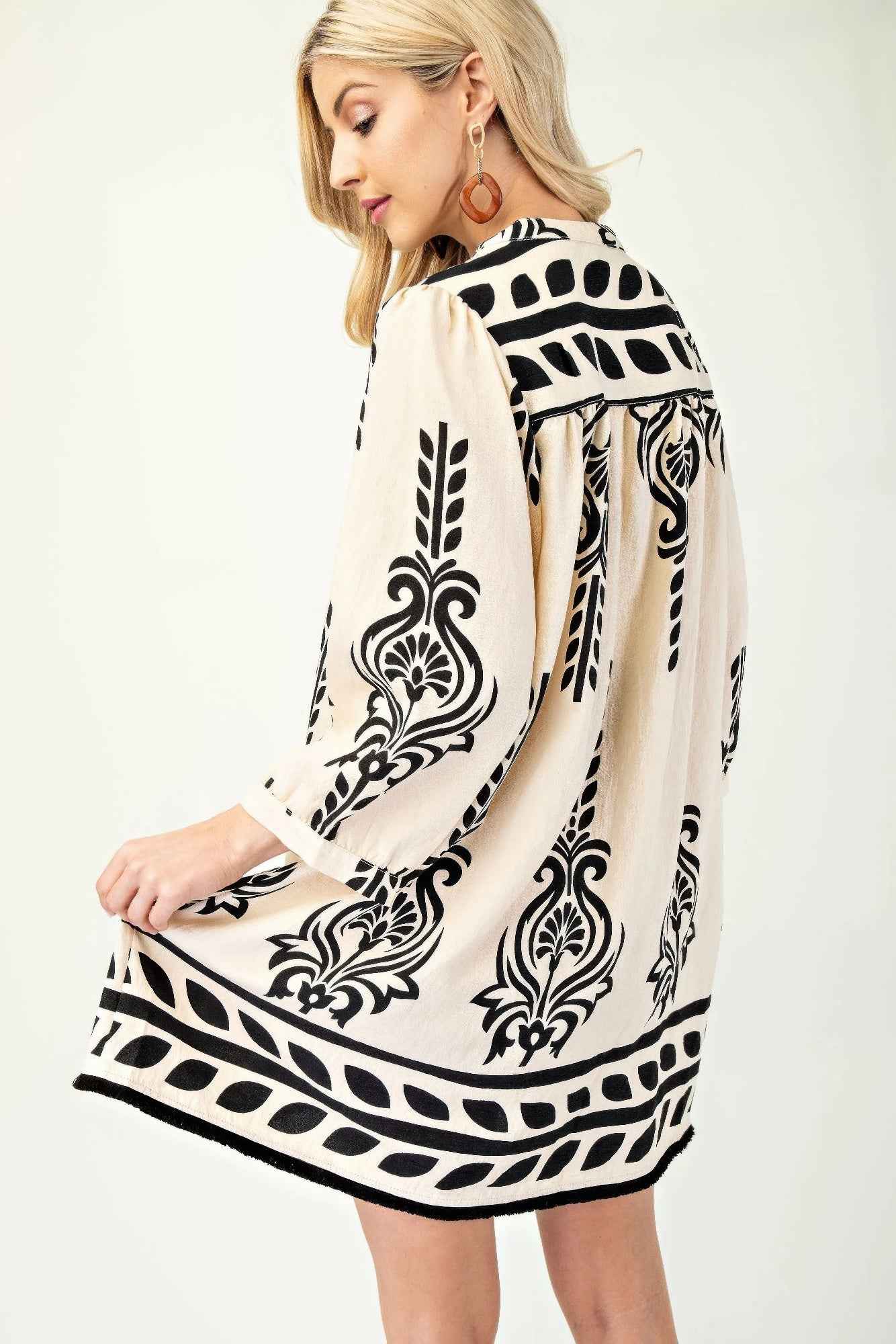 Printed 3/4 Sleeve Dress With Tassel Tie And Fringe Detail On Hem