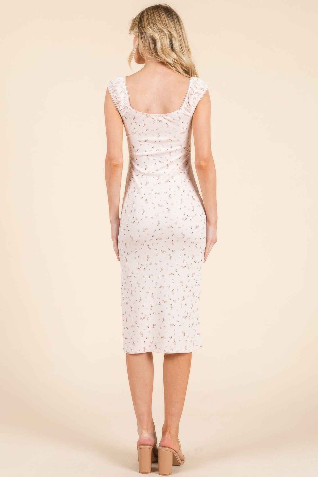 Cap Sleeve Shirred Printed Midi Dress W/ Side Slit