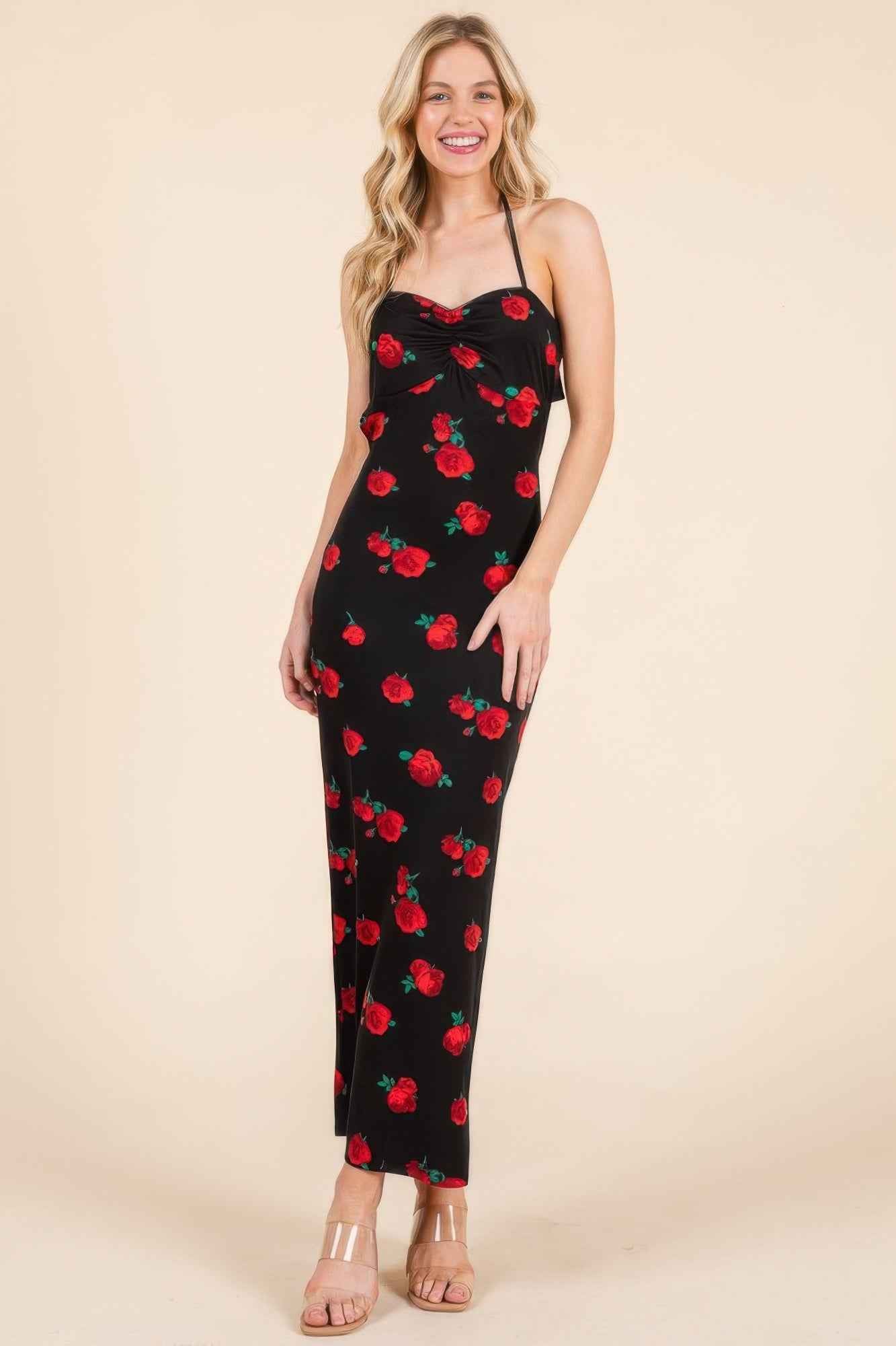 Sweet Heart Gathered Open Back Print Midi Dress