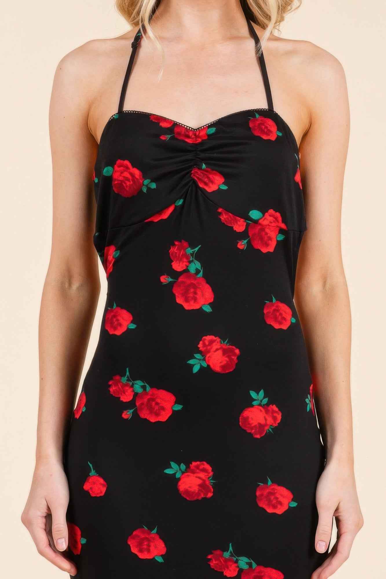 Sweet Heart Gathered Open Back Print Midi Dress