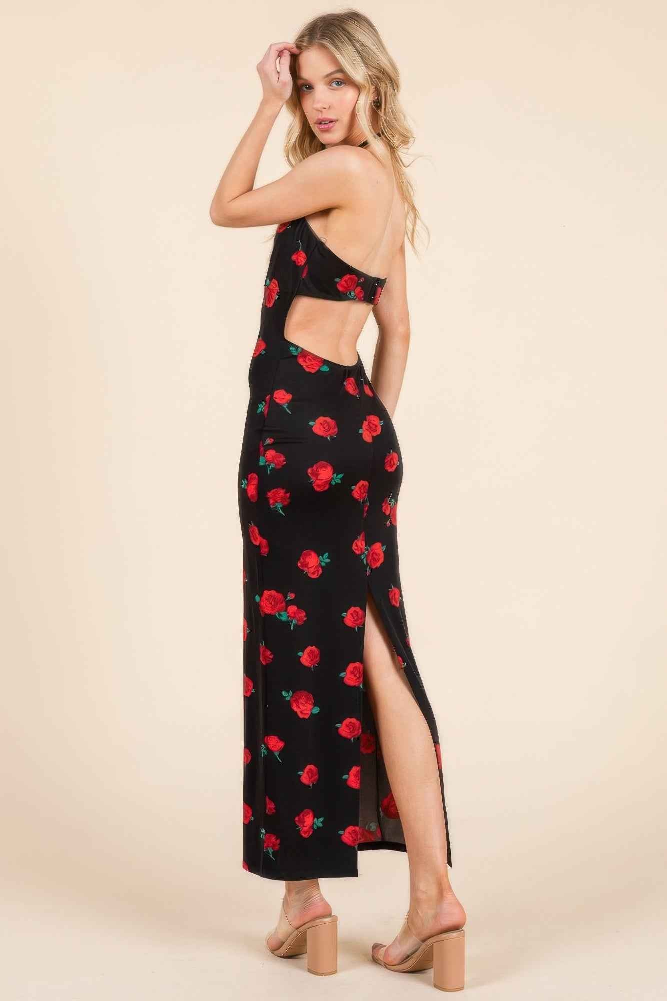 Sweet Heart Gathered Open Back Print Midi Dress