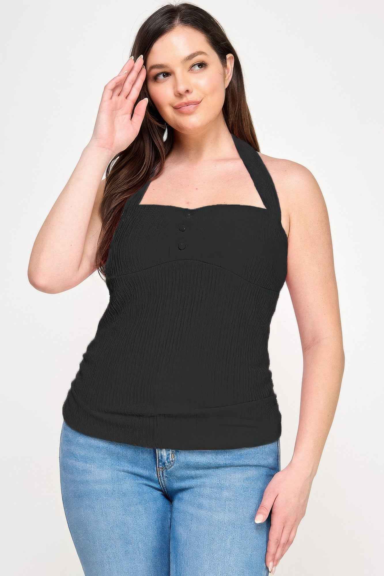 Plus Halter Tie Crinkle Knit Top
