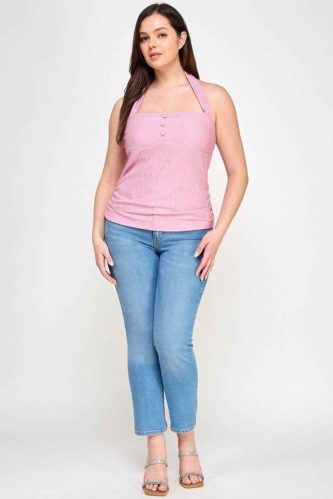 Plus Halter Tie Crinkle Knit Top