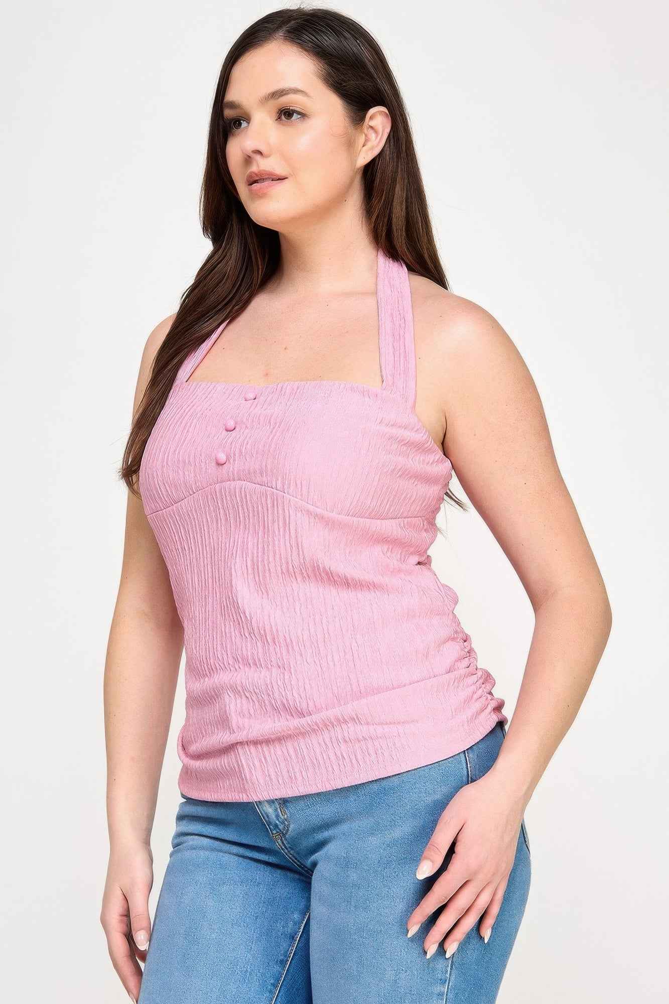 Plus Halter Tie Crinkle Knit Top