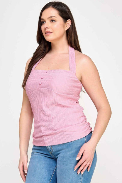 Plus Halter Tie Crinkle Knit Top