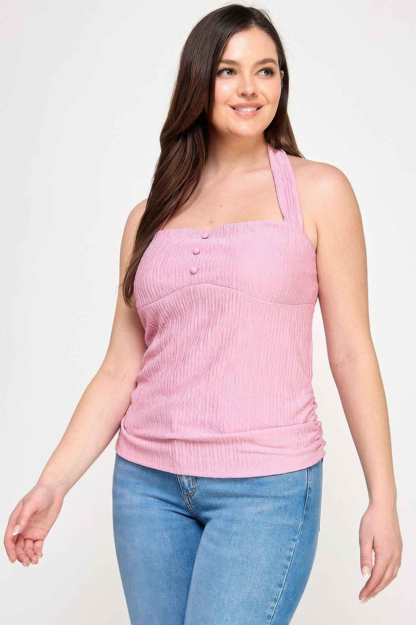 Plus Halter Tie Crinkle Knit Top