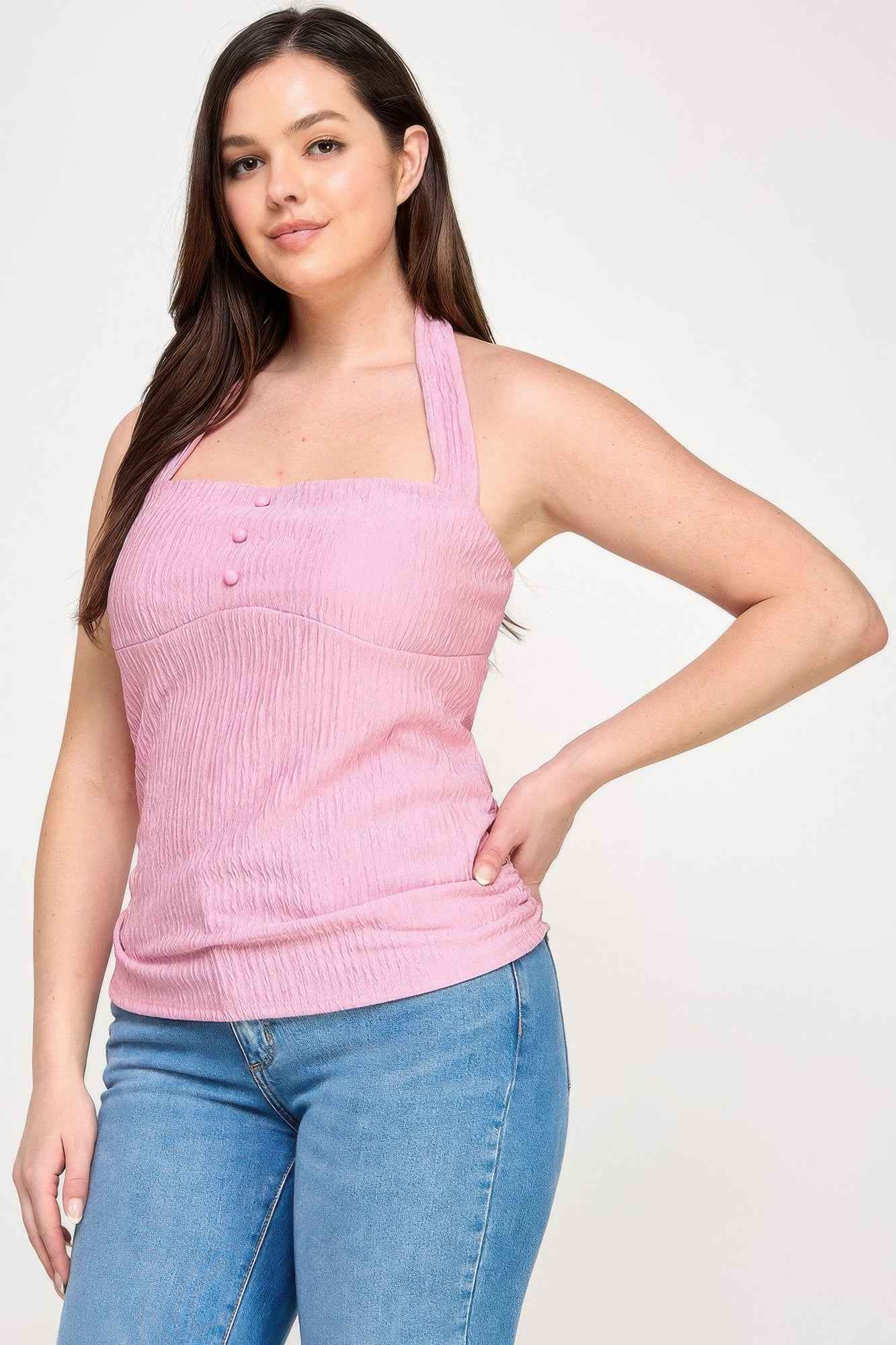 Plus Halter Tie Crinkle Knit Top
