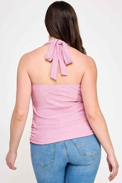 Plus Halter Tie Crinkle Knit Top