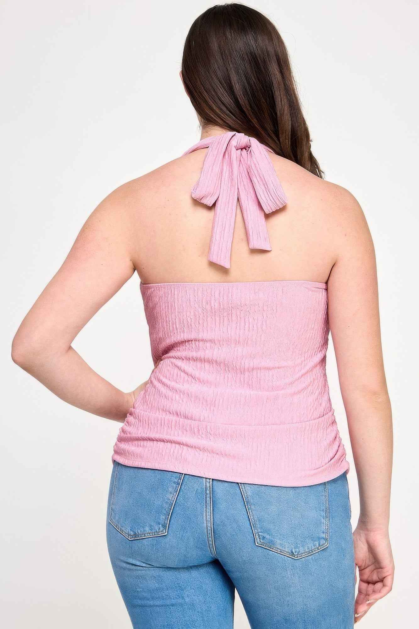 Plus Halter Tie Crinkle Knit Top