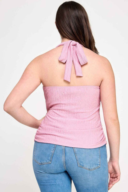 Plus Halter Tie Crinkle Knit Top