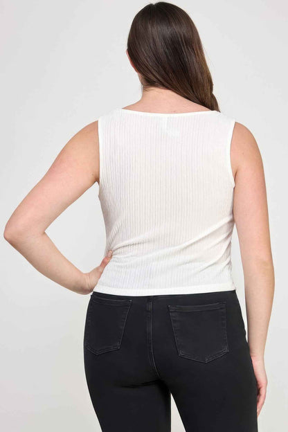 Plus Sleeveless Crinkle Knit Faux Button Down Top