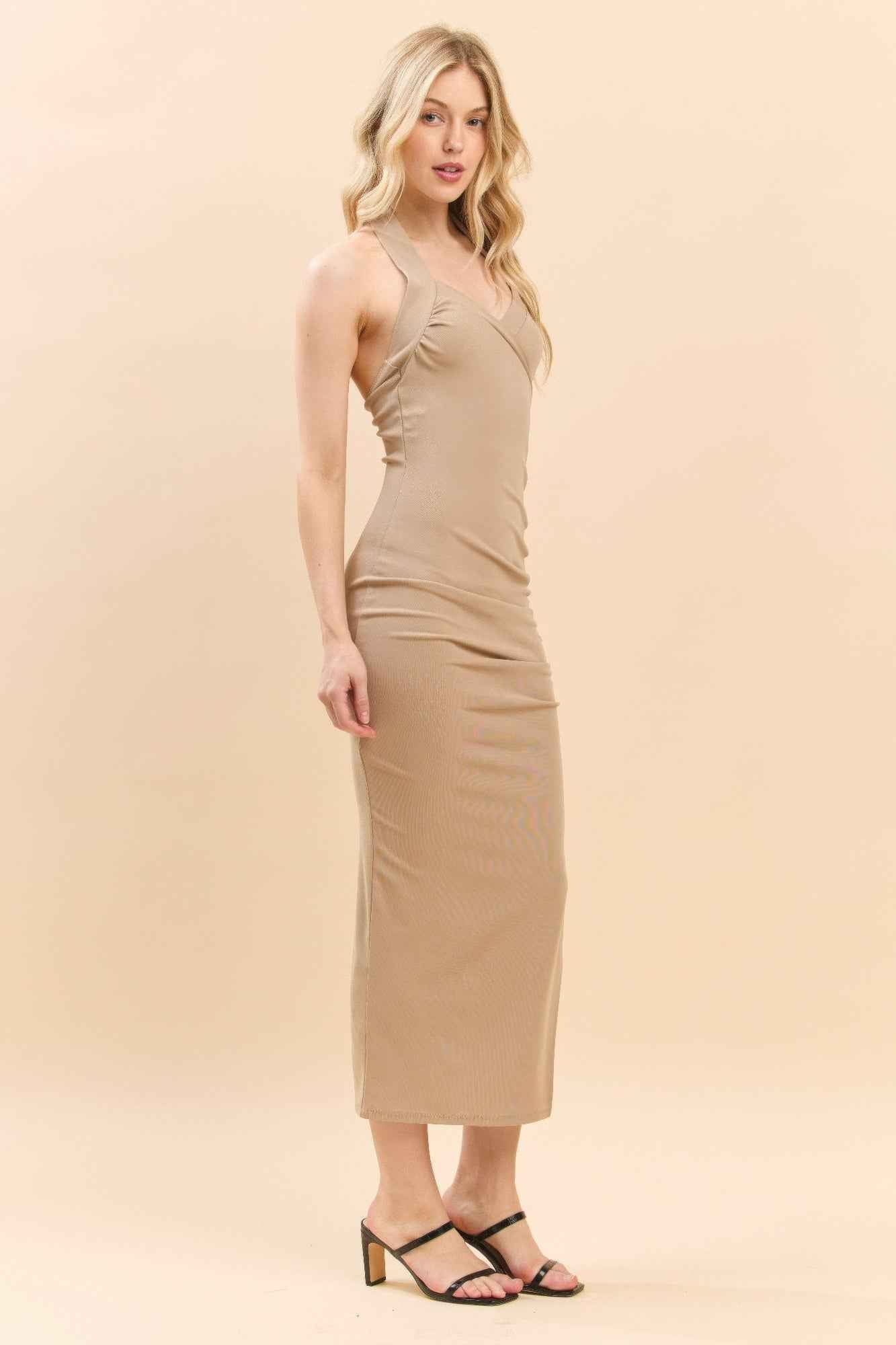 Halter Neck Ruched Asymeettrical Side Slit Dress