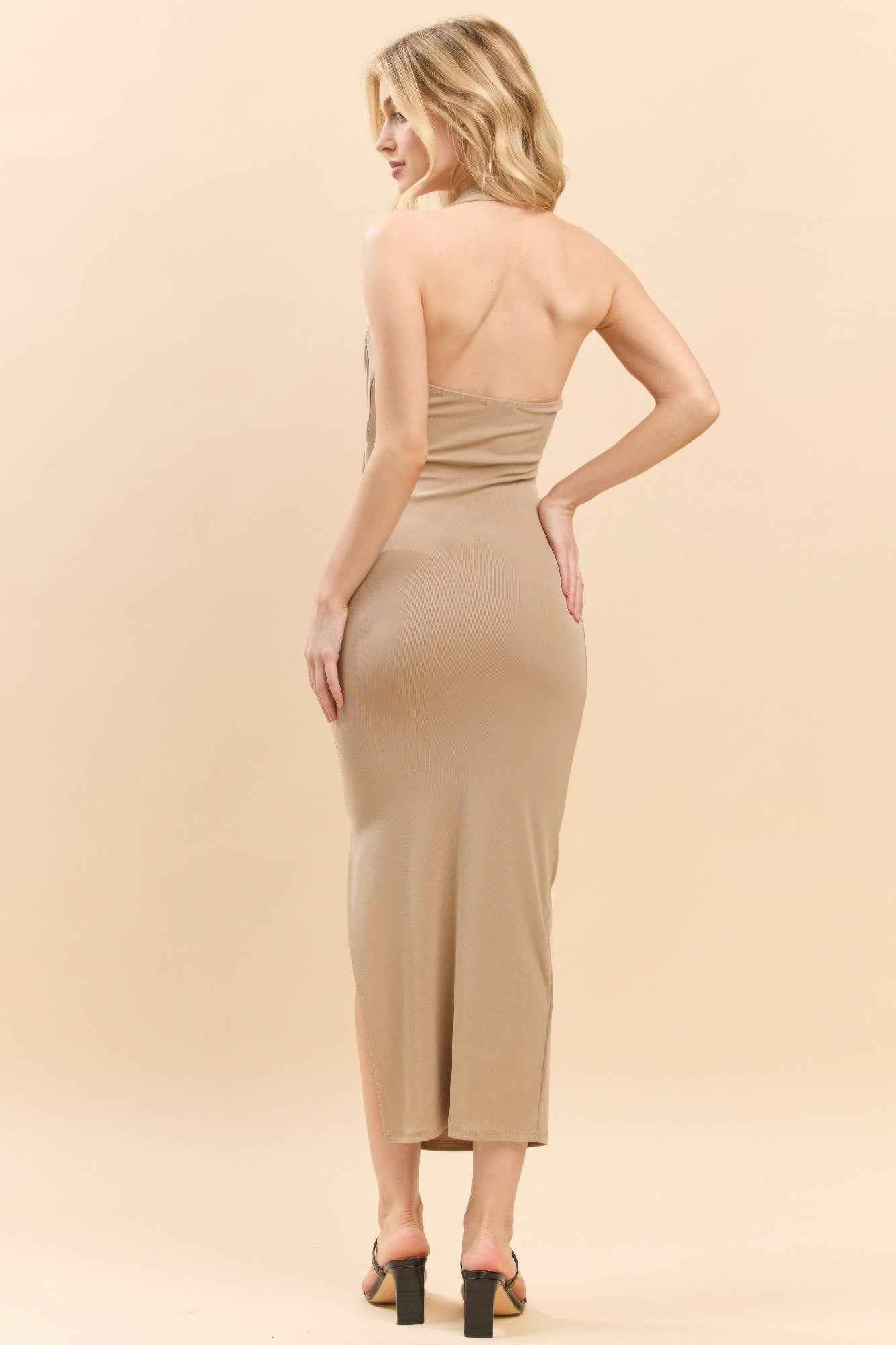 Halter Neck Ruched Asymeettrical Side Slit Dress