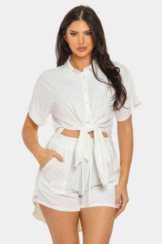 Front Tie Back Oversized Slit Top And Shorts Set