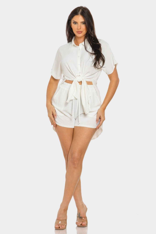 Front Tie Back Oversized Slit Top And Shorts Set
